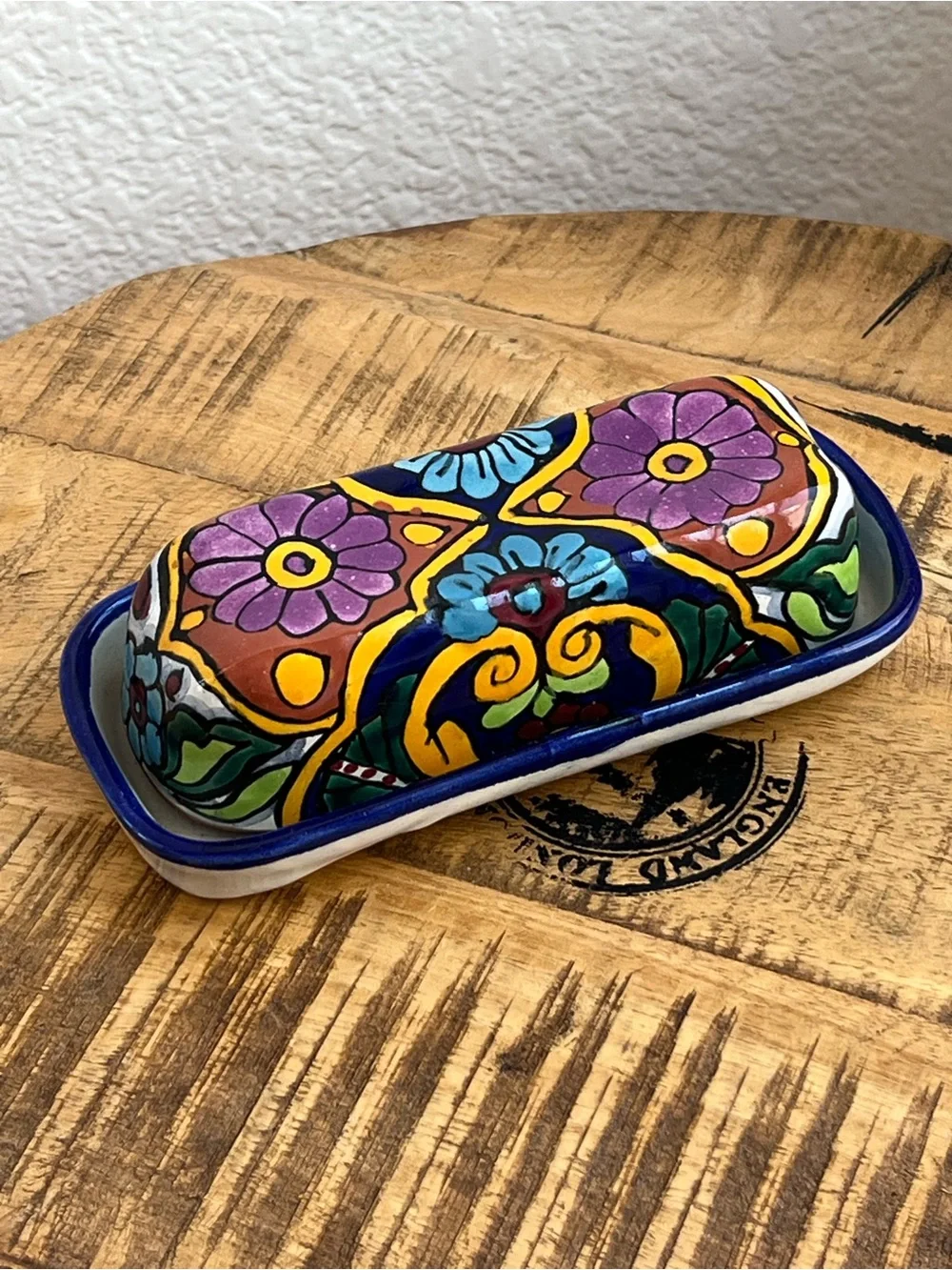Mexican Folk Art Handmade Talavera Red Clay Pottery Butter Dish Colorful